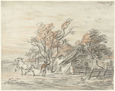 Bauernhaus mit einem Bauern, der sein Pferd dressiert von Simon Andreas Krausz