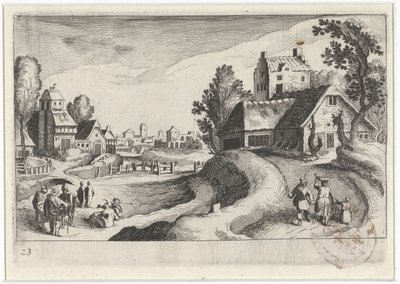 Dorfszene mit einem Bauernhof von Simon Frisius