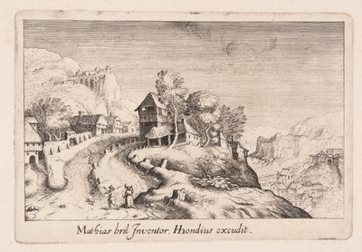 Landschaft mit einem Weg auf einen Berg durch ein Dorf, aus Topographia Variarum Regionum von Simon Frisius