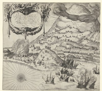 Überwindung der Holländer über die Portugiesen auf Tidore (linke Platte), 1605 von Simon Frisius
