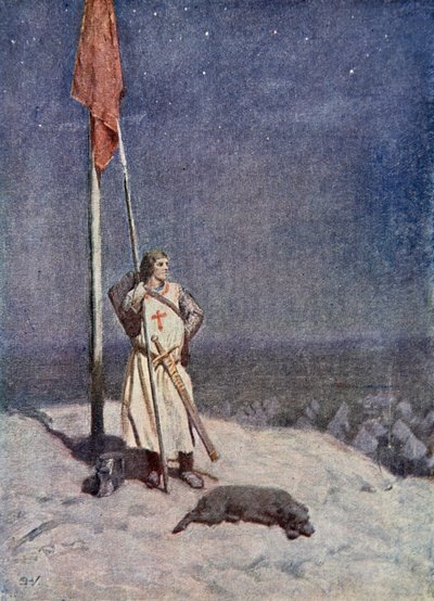 Der Ritter hält Wache auf dem St. Georgsberg mit dem Banner Englands, Illustration aus 