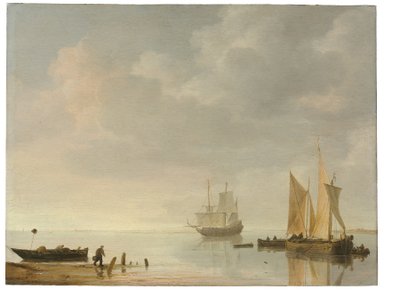 Küstenlandschaft mit Schiffen auf ruhigem Wasser von Simon Jacobsz. Vlieger