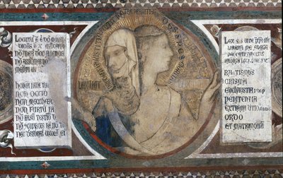 Maesta: Zweigesichtige Figur, die Altes und Neues Gesetz darstellt (Detail) von Simone Martini