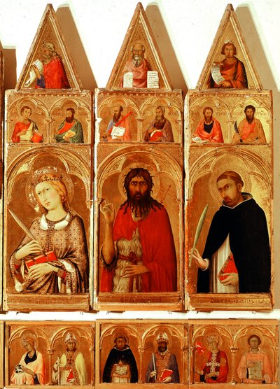 Heilige Katharina von Alexandria, Johannes der Täufer, Heiliger Petrus von Verona. Detail des Polyptychons der Heiligen Katharina von Alexandria von Simone Martini