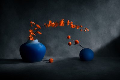 Blaue Vasen Orange Blüten von Siyu_Wei APA