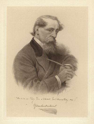 Porträt von Charles Dickens mit seinem Stift (s/w Foto) von Solomon (after) Eytinge