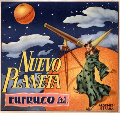 Werbung mit einem Magier, der „den neuen Planeten Orange“ beobachtet. Werbeplakat, Valencia von Spanish School