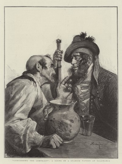 "Bestätigung des Vertrags", eine Szene in einer spanischen Taverne in Salamanca (Stich) von Spanish School