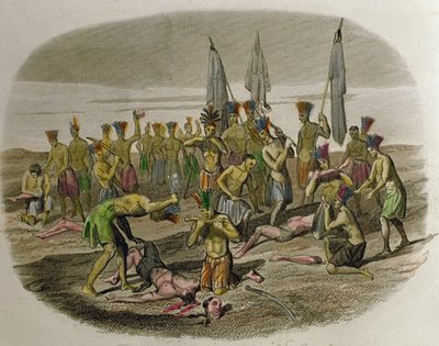 Tote Franziskanermissionare, zerstückelt und von karibischen Indianern verzehrt, die sie 1516 zu evangelisieren versuchten von Spanish School