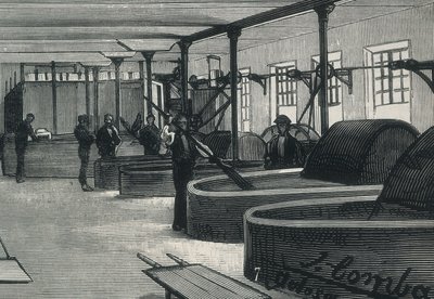 Wirtschaft (19. Jahrhundert). Papierfabrik in Spanien „La Guipuzcoana“. Zylindersaal und Wäscherei der Fabrik in Tolosa (Guipuzcoa). Gravur von Spanish School