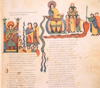 Moses und Aaron vor dem Pharao, Moses mit der Schlange und die Schaffung einer der Plagen Ägyptens, indem er mit seinem Stab das Wasser des Nils in Blut verwandelt, aus der Westgotisch-Mozarabischen Bibel von Spanish School
