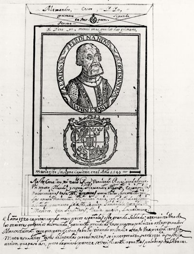 Porträt von Hernando Cortes (1485-1547) und seine Waffen von Spanish School