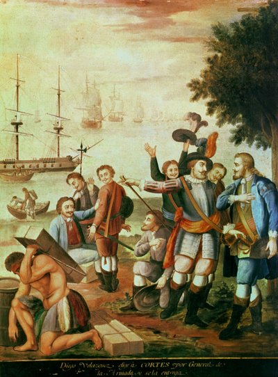 Die Eroberung von Mexiko: Diego Velasquez de Cuellar (1465-1524) wählt Hernando Cortes (1485-1547) als General der Armada und gibt ihm das Kommando von Spanish School