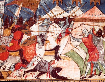 Trojanischer Krieg: Trojaner überfallen das Militärlager der griechischen Krieger. Detail einer Miniatur aus dem spanischen Manuskript „Codex Benito de Santa Mora“ von Spanish School