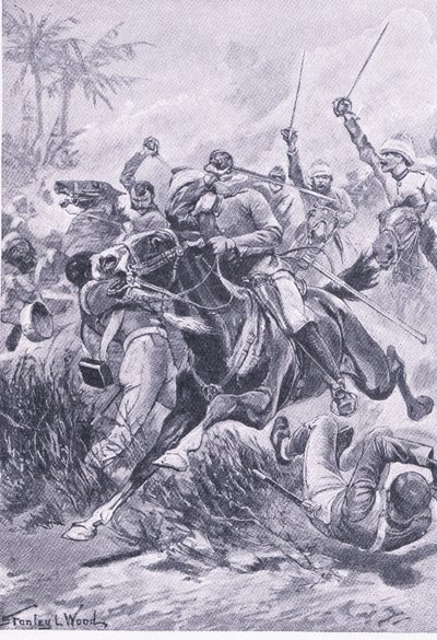Freiwillige Kavallerie außerhalb von Lucknow, 30. Juni 1857, Illustration aus British Battles on Land and Sea, 1915 von Stanley L. Wood