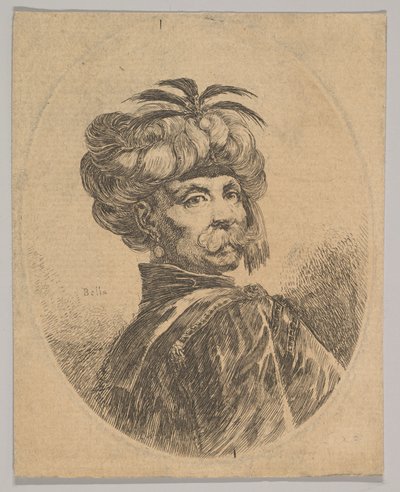 Ein türkischer Mann mit Schnurrbart, der einen Turban trägt, der mit fünf Reiherfedern geschmückt ist, 1650 von Stefano della Bella