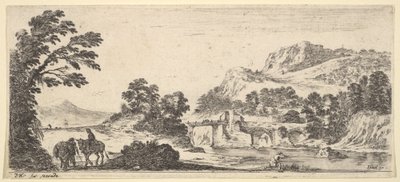 Ein Maultier trägt eine Frau und ein Bauer geht mit einem Maultier nach links, ein Fischer nach rechts, ca. 1641 von Stefano della Bella