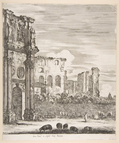 Konstantinsbogen und Kolosseum mit weidenden Schafen im Vordergrund, aus Sechs große Ansichten, 1656 von Stefano della Bella