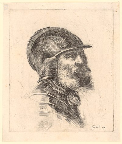 Bärtiger Mann mit Helm im Dreiviertelprofil nach rechts von Stefano della Bella