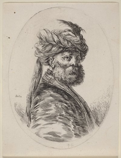 Bärtiger Mohr in einem gefiederten Turban mit Schleier, nach rechts gewandt von Stefano della Bella