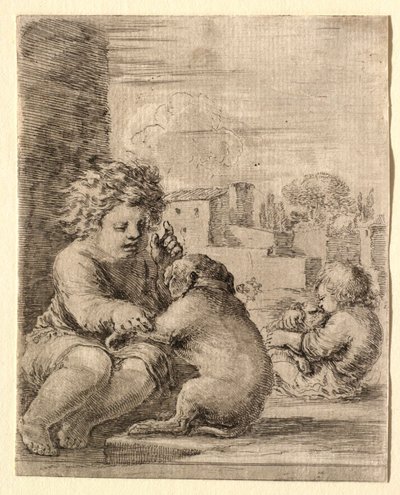 Kind bringt einem Hund bei, auf den Hinterbeinen zu sitzen von Stefano della Bella