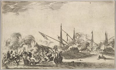 Kampf zwischen mehreren Ruderbooten und Schiffen, zwei Gruppen von Männern in Ruderbooten kämpfen links, 1639 von Stefano della Bella