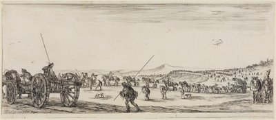 Frieden und Krieg: Züge mit Kanonen und zwei mit langen Lanzen ausgerüsteten Soldaten von Stefano della Bella
