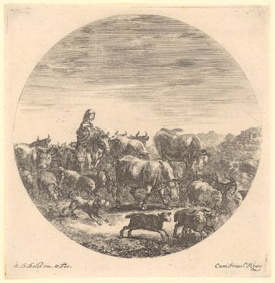 Hirtin zu Pferd mit Kuh- und Schafherde, Blatt 5 der Folge "Sechs Tiermotive in runder Darstellung" von Stefano della Bella