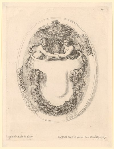 Kartusche mit zwei Frauen und einer Blumenvase von Stefano della Bella