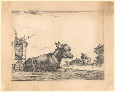 Liegender Esel bei einer Windmühle von Stefano della Bella