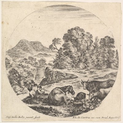 Tafel 10: Ein liegendes Pferd in der Mitte, eine Kuh und zwei Ziegen rechts, zwei sitzende Männer, ca. 1643-48 von Stefano della Bella