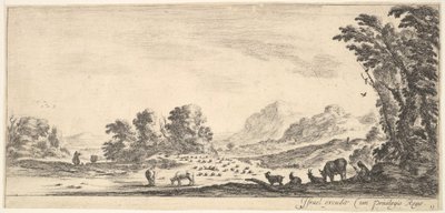 Tafel 11: Schäferin sitzt rechts unter einem Baum und beobachtet ihre Herde links, ca. 1641 von Stefano della Bella