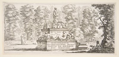 Tafel 1: ein Denkmal mit Statuen und einem Wappen in der Mitte, ein Zeichner auf dem..., ca. 1643 von Stefano della Bella