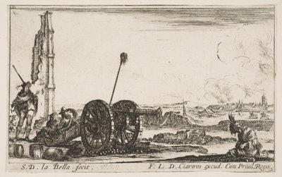 Tafel 2: Eine Kanone links, eine Stadt im Hintergrund, aus Verschiedene militärische Capric... von Stefano della Bella