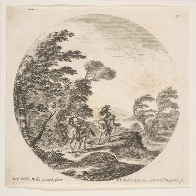 Tafel 3: ein Sturm im Wald, zwei Reiter in ihre Mäntel gehüllt, mit dem Wind blo..., ca. 1646 von Stefano della Bella