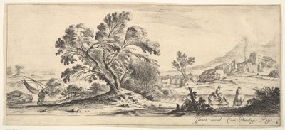 Ein Fischer trägt ein Netz nach links, zwei Reiter in einem Bach rechts, ein Baum..., ca. 1641 von Stefano della Bella
