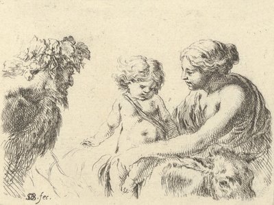 Tafel 6: eine Frau rechts hält ihr Kind, das auf einem Esel sitzt, ein Satyr links, ca. 1646 von Stefano della Bella