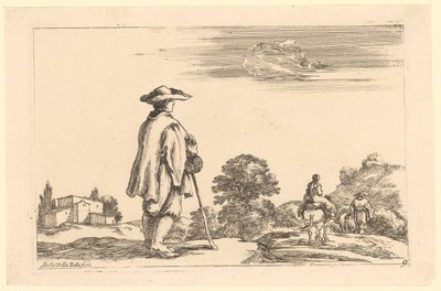 Reisender in seitlicher Rückenansicht bei einer Farm, vor ihm rechts eine reitende Frau und ein Mann mit Pferd von Stefano della Bella