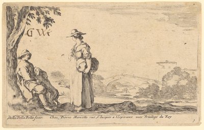 Sitzender Mann mit Hund bei einem Baum und stehende Frau mit einem Bündel von Stefano della Bella