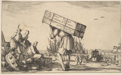 Titelseite: ein Mann trägt einen Koffer auf dem Rücken in der Mitte, drei Männer schauen zu ihm, 1639 von Stefano della Bella