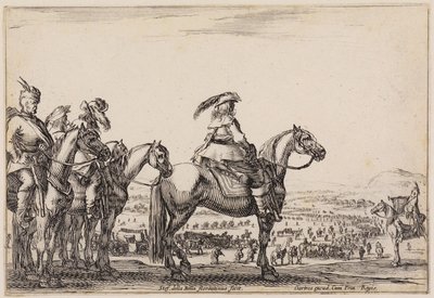 Verschiedene Figuren: Armee auf dem Marsch in der Ebene. Auf der Höhe im Vordergrund Kommandant und Begleiter, rechts Trompeter von Stefano della Bella
