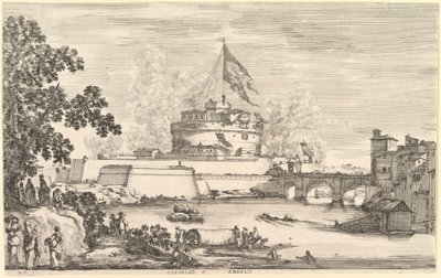 Ansicht des Tiberflusses, ein großer Baum links, zwei Frauengruppen links im Vordergrund, ca. 1656 von Stefano della Bella