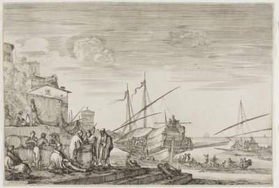 Ansichten des Hafens von Livorno: Häuser mit Blick auf einen Hafen von Stefano della Bella