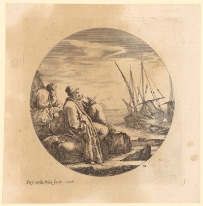 Zwei türkische Händler ruhen sich am Ufer neben den Barken aus von Stefano della Bella