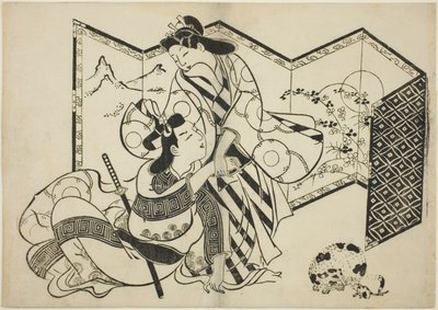 Liebende, eine Katze und eine Maus vor einem Paravent von Sugimura Jihei