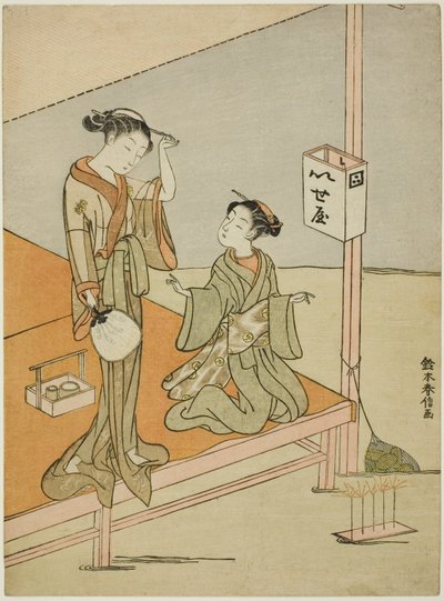 Eine Kurtisane und ihre Begleiterin im Teegarten Iseya am Flussufer von Suzuki Harunobu