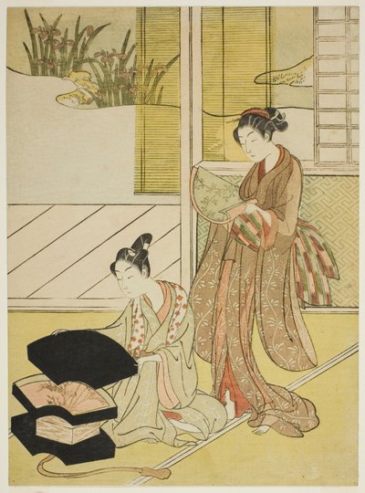 Ein Fächerhändler zeigt einer jungen Frau seine Waren von Suzuki Harunobu
