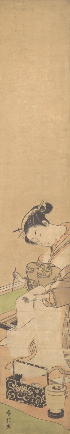 Eine Oiran auf einem Bett sitzend, einen Brief schreibend von Suzuki Harunobu