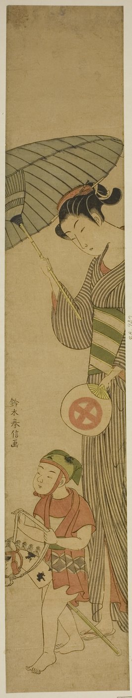 Junge auf Steckenpferd, gefolgt von Frau mit Regenschirm von Suzuki Harunobu