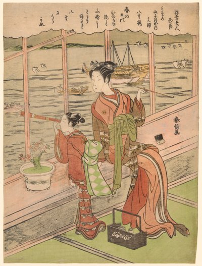 Doppelt blühende Kirsche: Motoura von Minami Yamasakiya (Minami Yamasakiya uchi Motoura, Yaezakura), aus der Serie "Schönheiten der schwebenden Welt im Vergleich zu Blumen (Ukiyo bijin hana ni yosu)" von Suzuki Harunobu